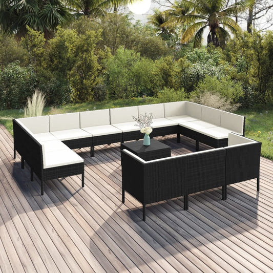 14-piece garden sofa set with cushions, polyrattan, black