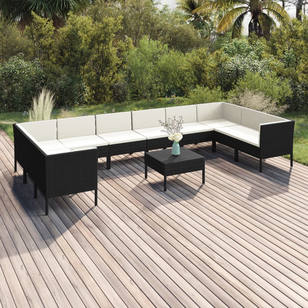 11-piece garden sofa set with cushions, polyrattan, black