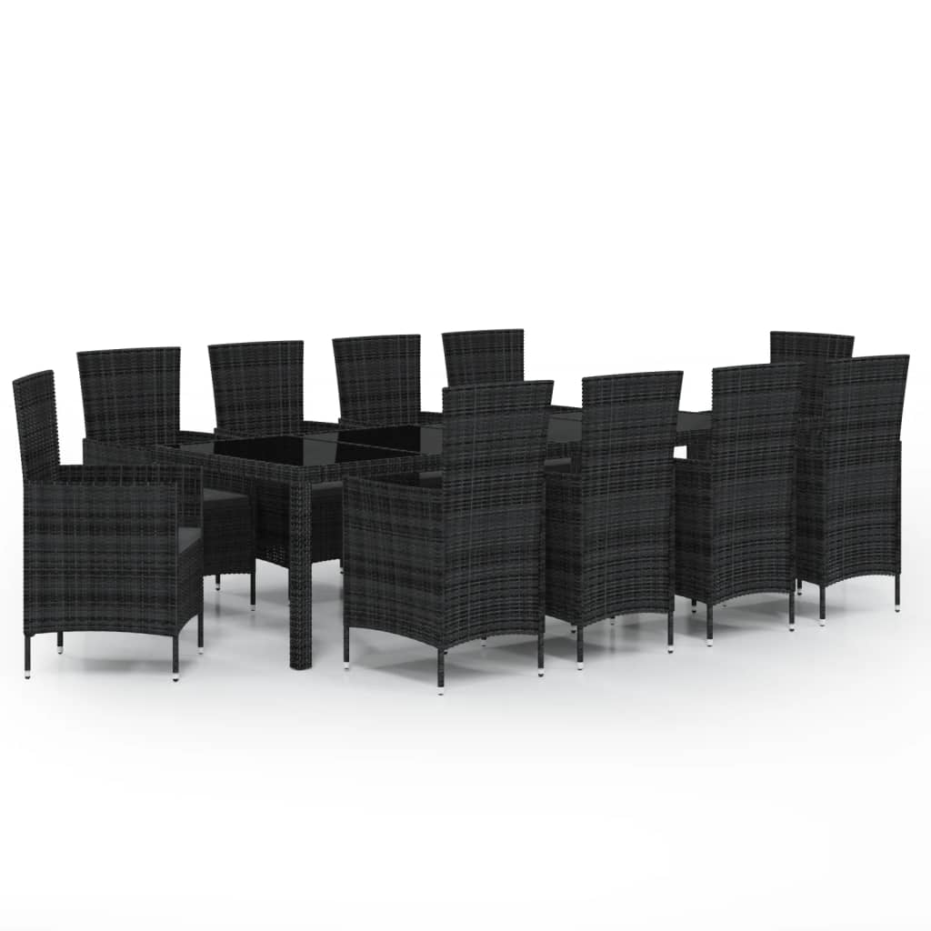 11-piece outdoor dining set with cushions, polyrattan, black