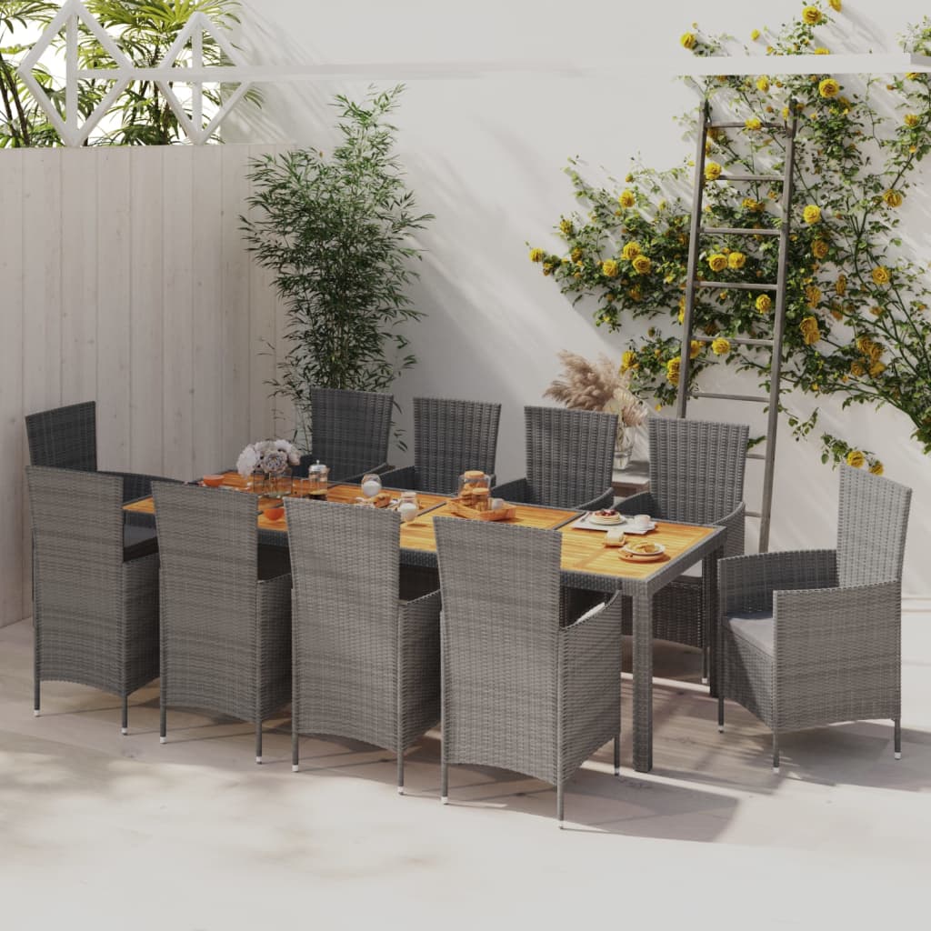 11-piece outdoor dining set with cushions, polyrattan, grey