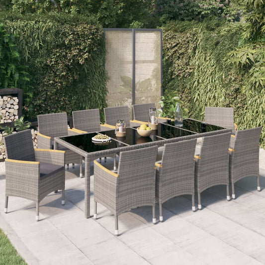 11-piece outdoor dining set with cushions, polyrattan, black-gray