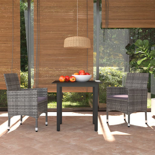 3-piece outdoor dining set with cushions, polyrattan, grey