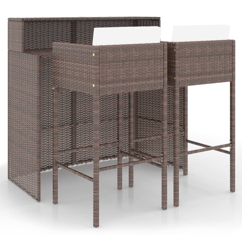 3-piece garden bar set with cushions poly rattan brown