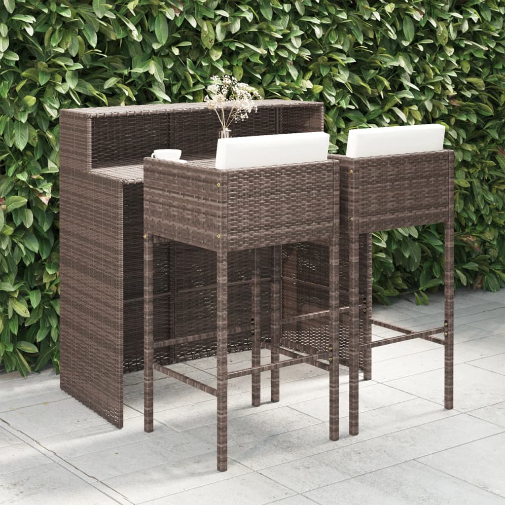 3-piece garden bar set with cushions poly rattan brown