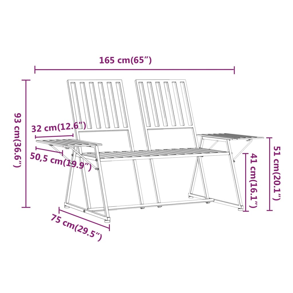 2-seater garden bench 165 cm black steel