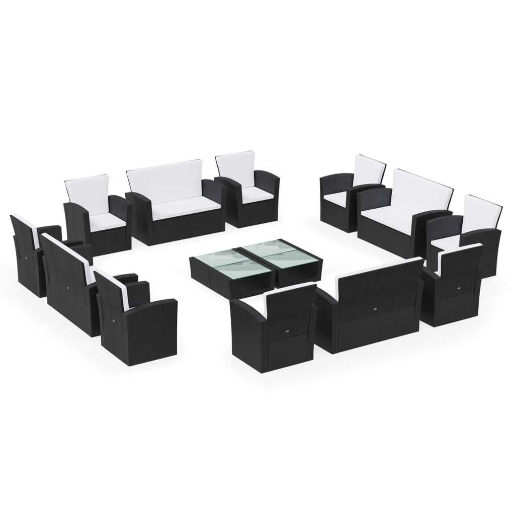 16-piece garden sofa set with cushions, polyrattan, black