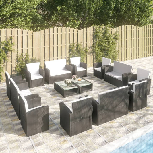 16-piece garden sofa set with cushions, polyrattan, black