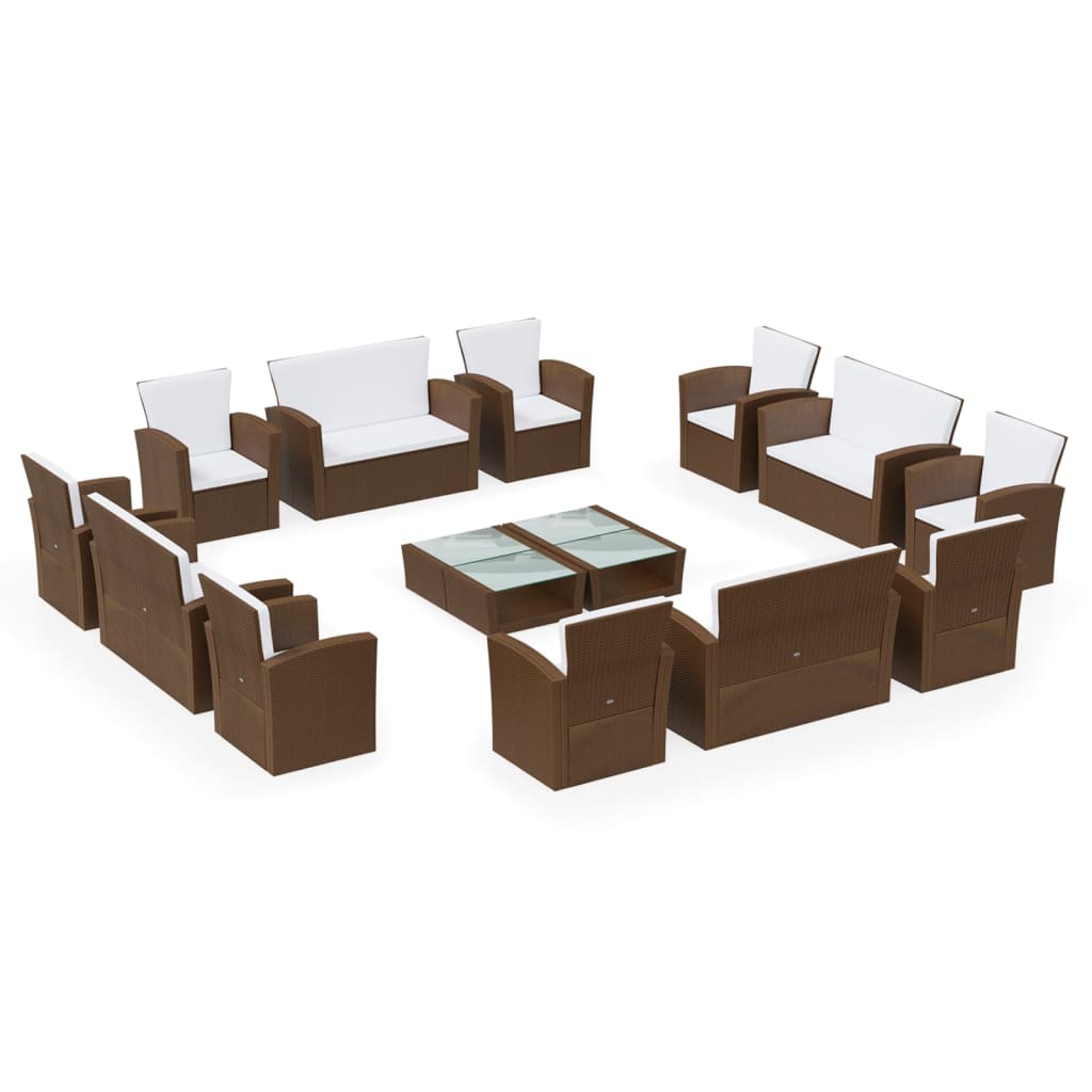 16-piece garden sofa set with cushions, polyrattan, brown