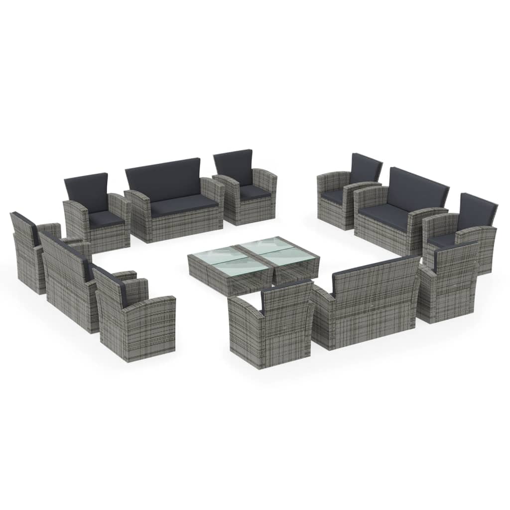 16-piece garden sofa set with cushions, polyrattan, grey