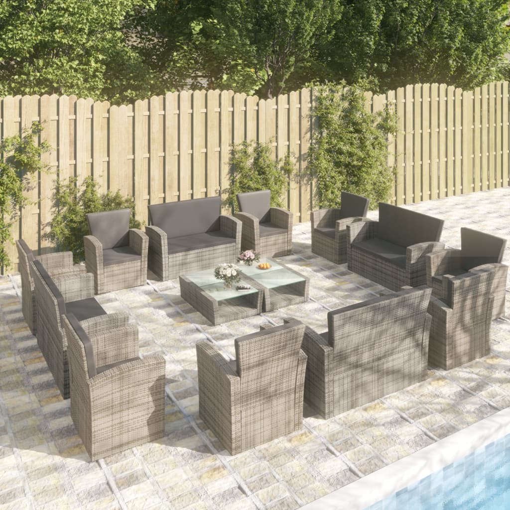 16-piece garden sofa set with cushions, polyrattan, grey