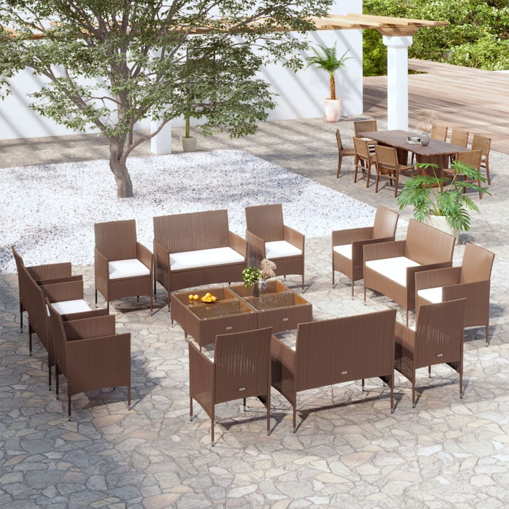 16-piece garden sofa set with cushions, polyrattan, brown