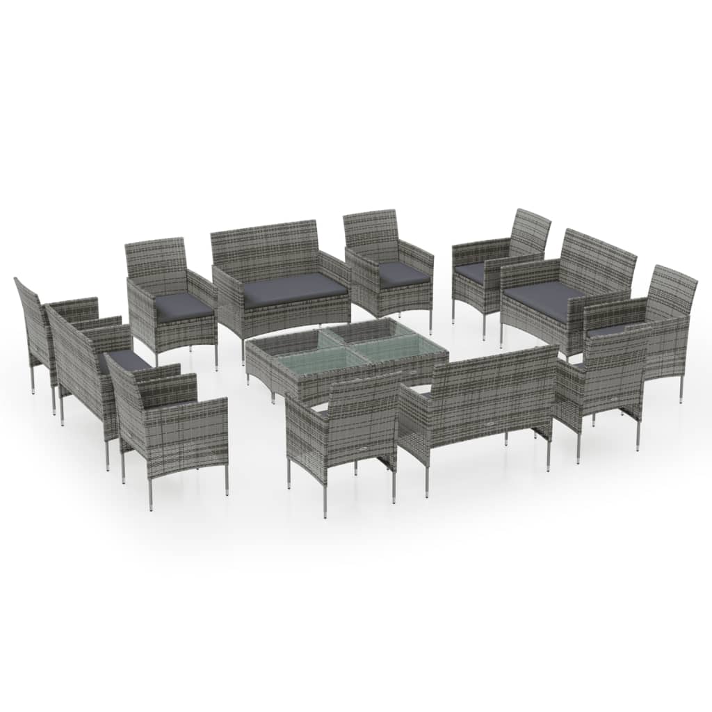 16-piece garden sofa set with cushions, polyrattan, grey