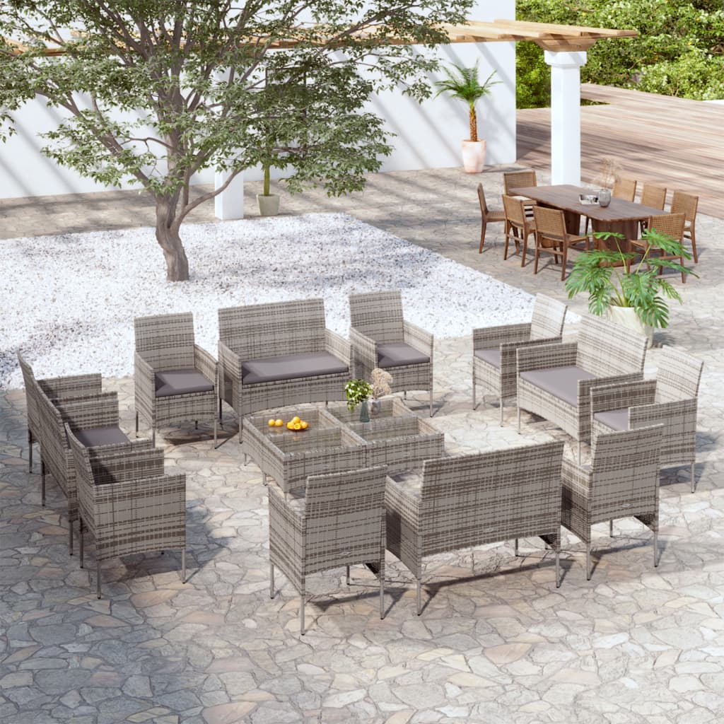 16-piece garden sofa set with cushions, polyrattan, grey