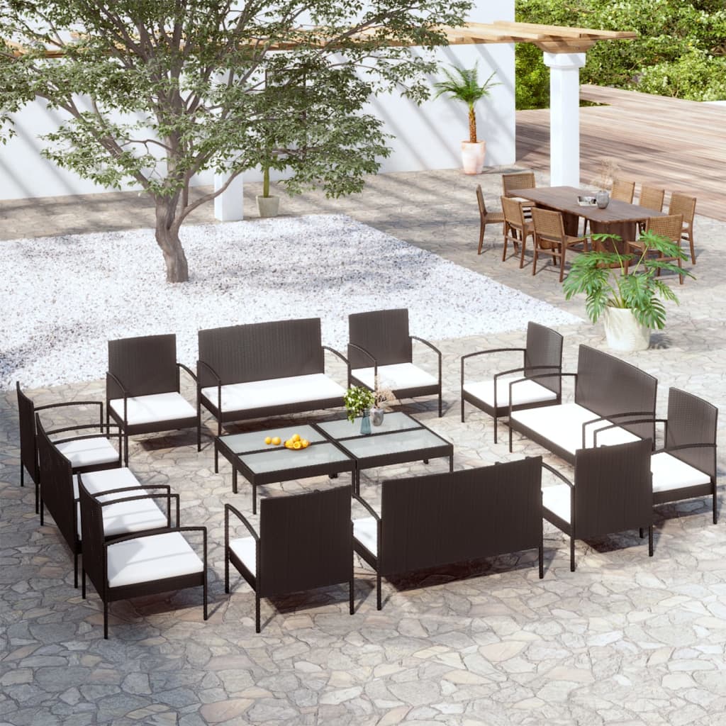 16-piece garden sofa set with cushions, polyrattan, black