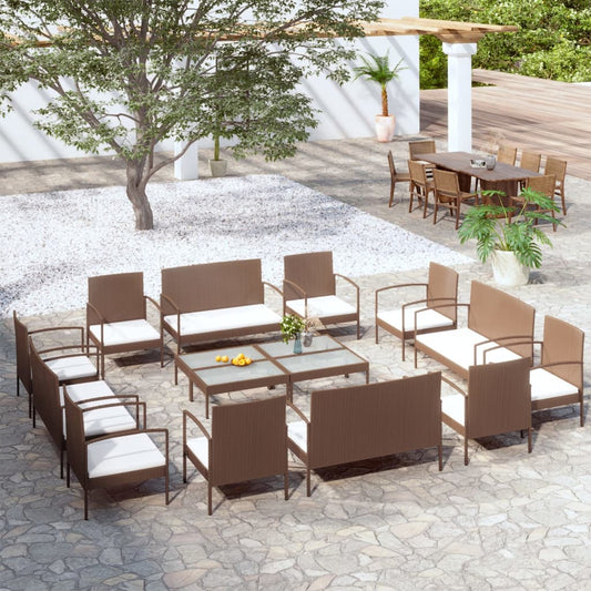 16-piece garden sofa set with cushions, polyrattan, brown