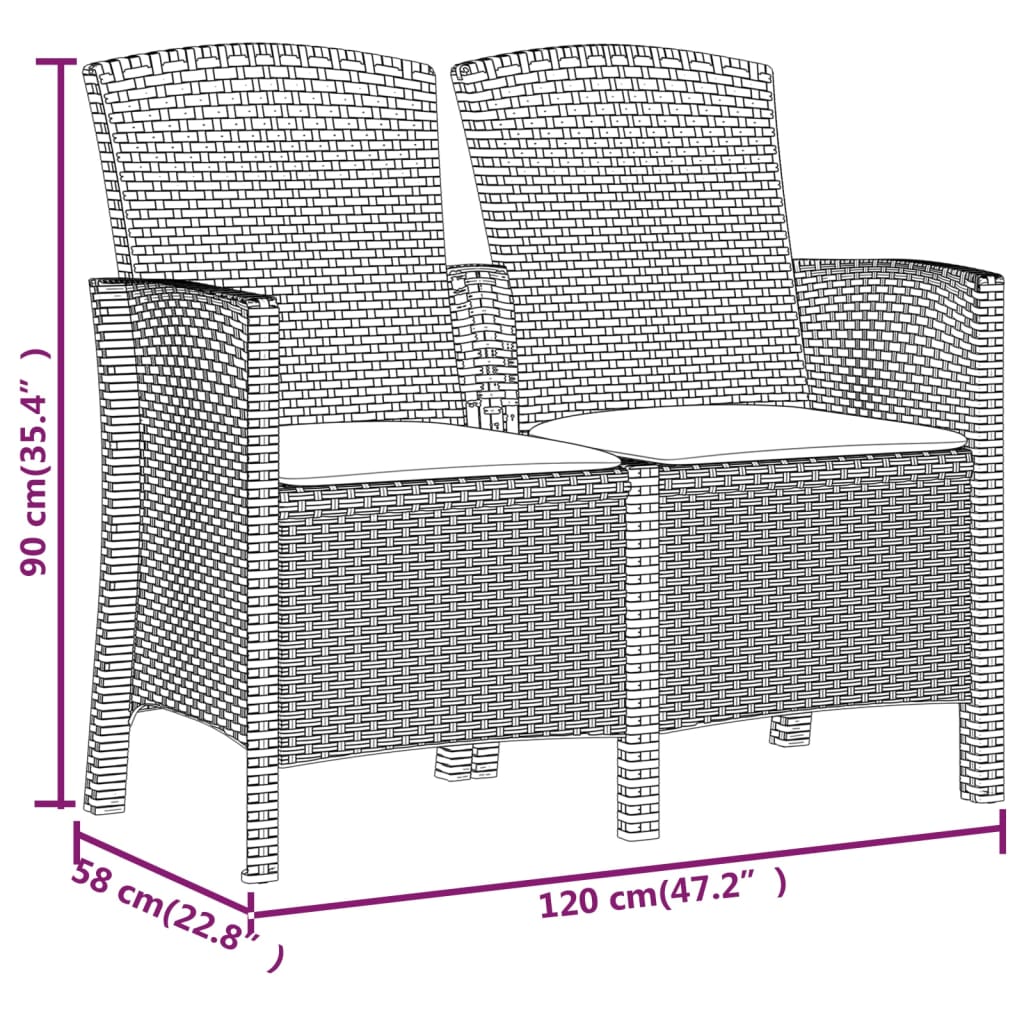 2-seater garden bench with cushions PP rattan brown