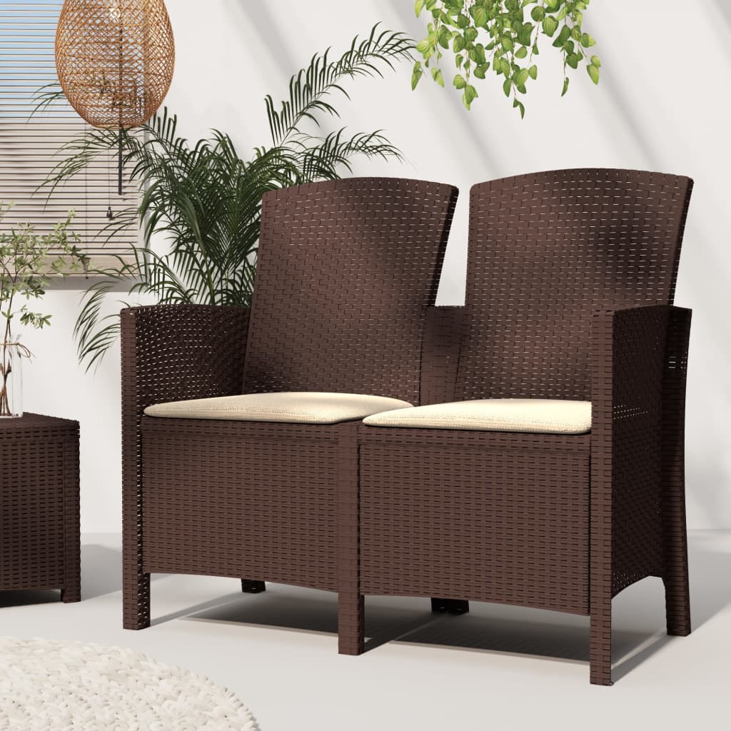 2-seater garden bench with cushions PP rattan brown