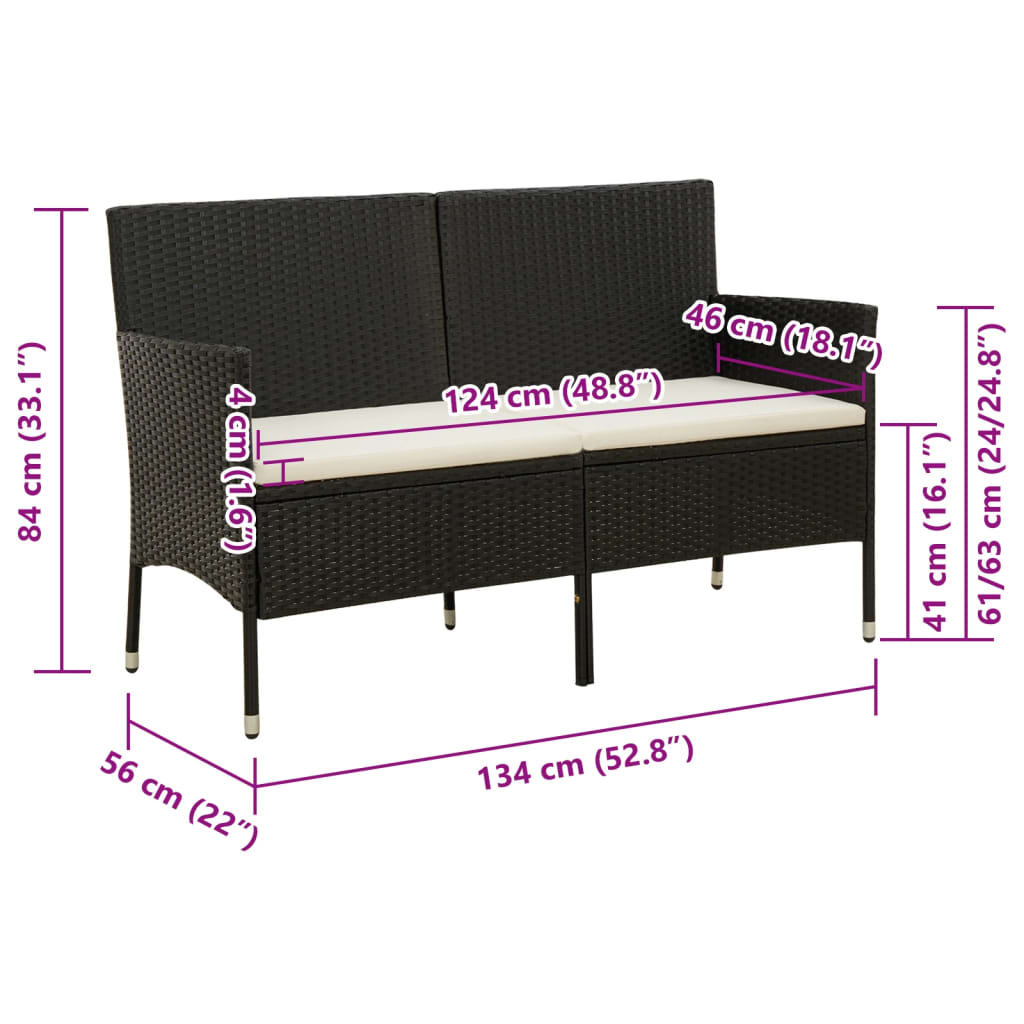 3-Sitzer-Gartensofa mit Kissen, schwarzes Polyrattan