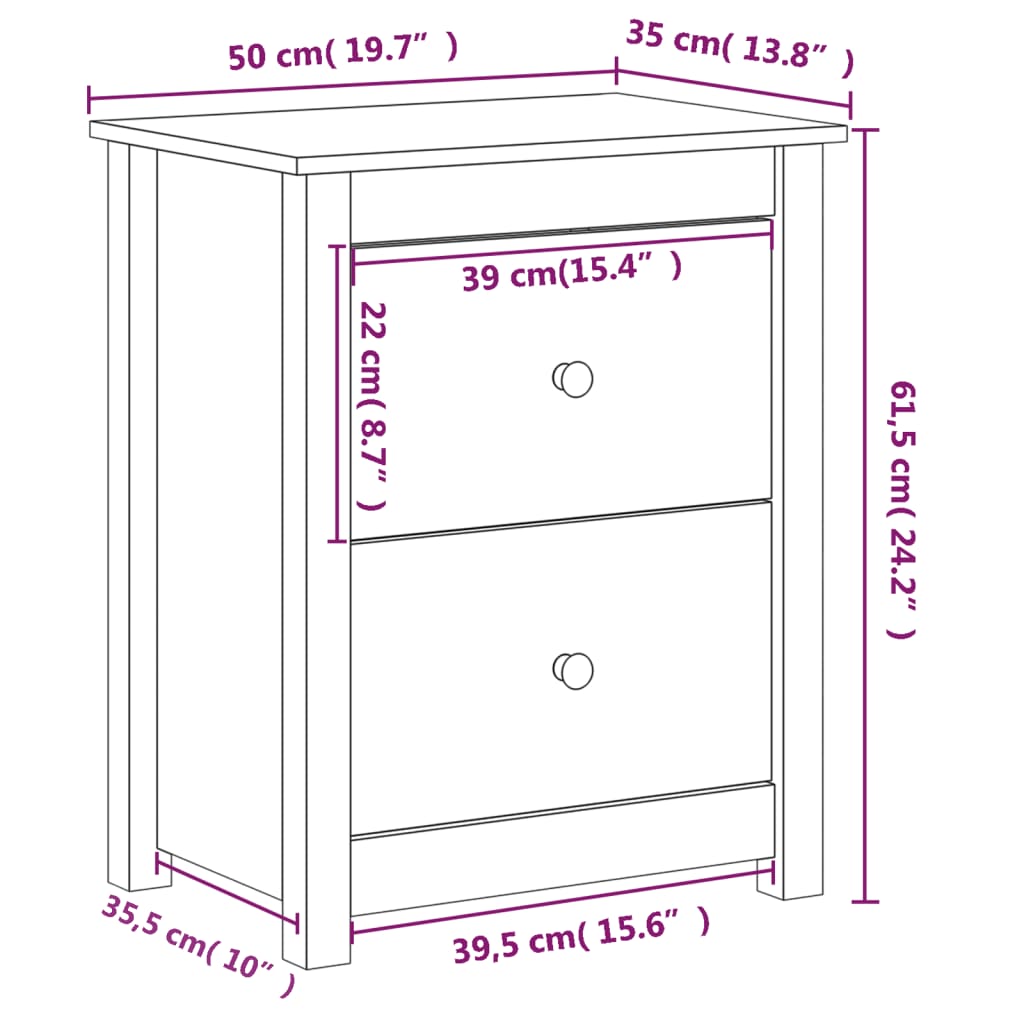 Yöpöydät 2 kpl musta 50x35x61,5 cm täysi mänty