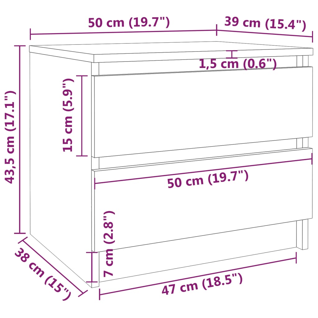 Yöpöydät 2 kpl harmaa Sonoma 50x39x43,5 cm tekninen puu