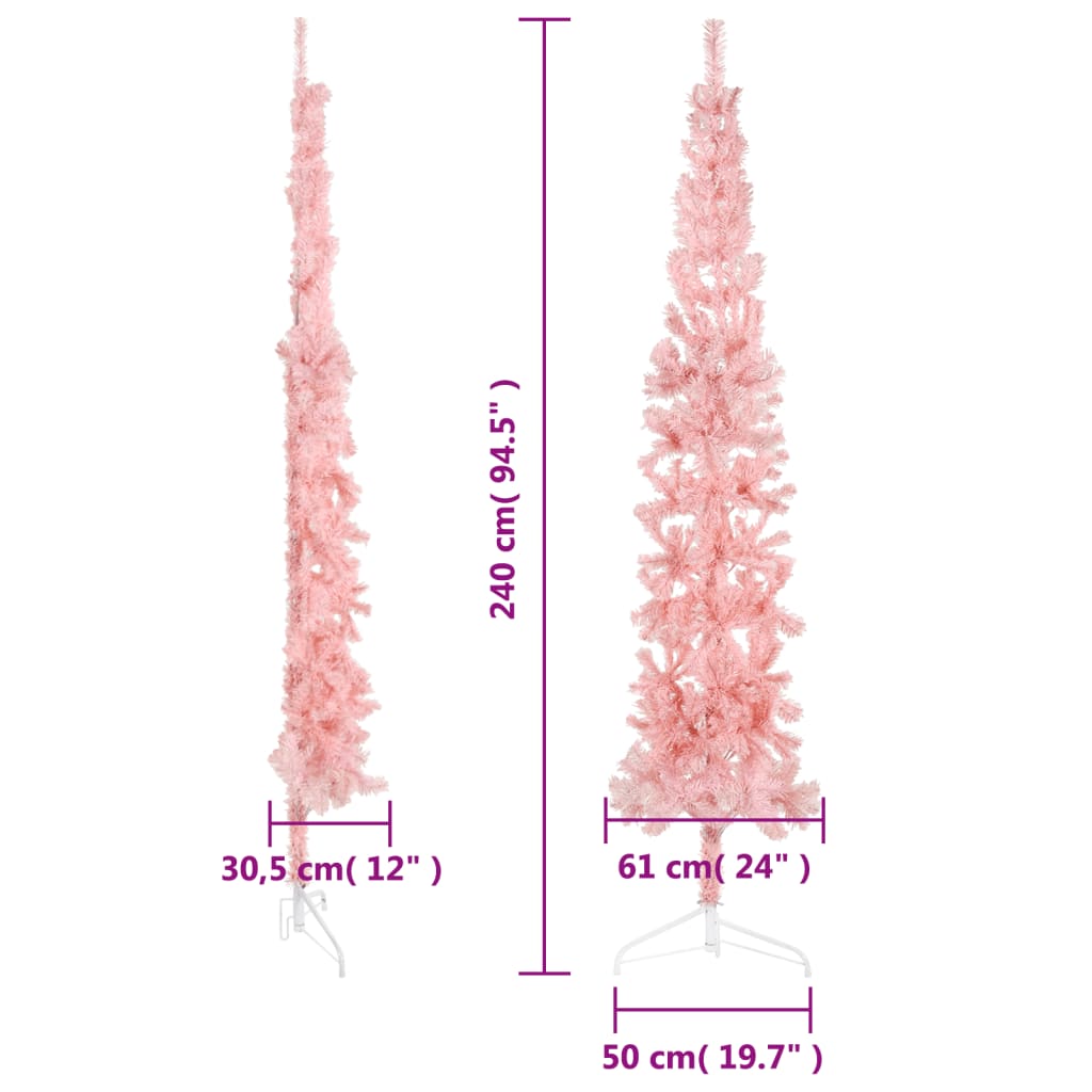 Kapea puolikas tekojoulukuusi jalustalla pinkki 240 cm