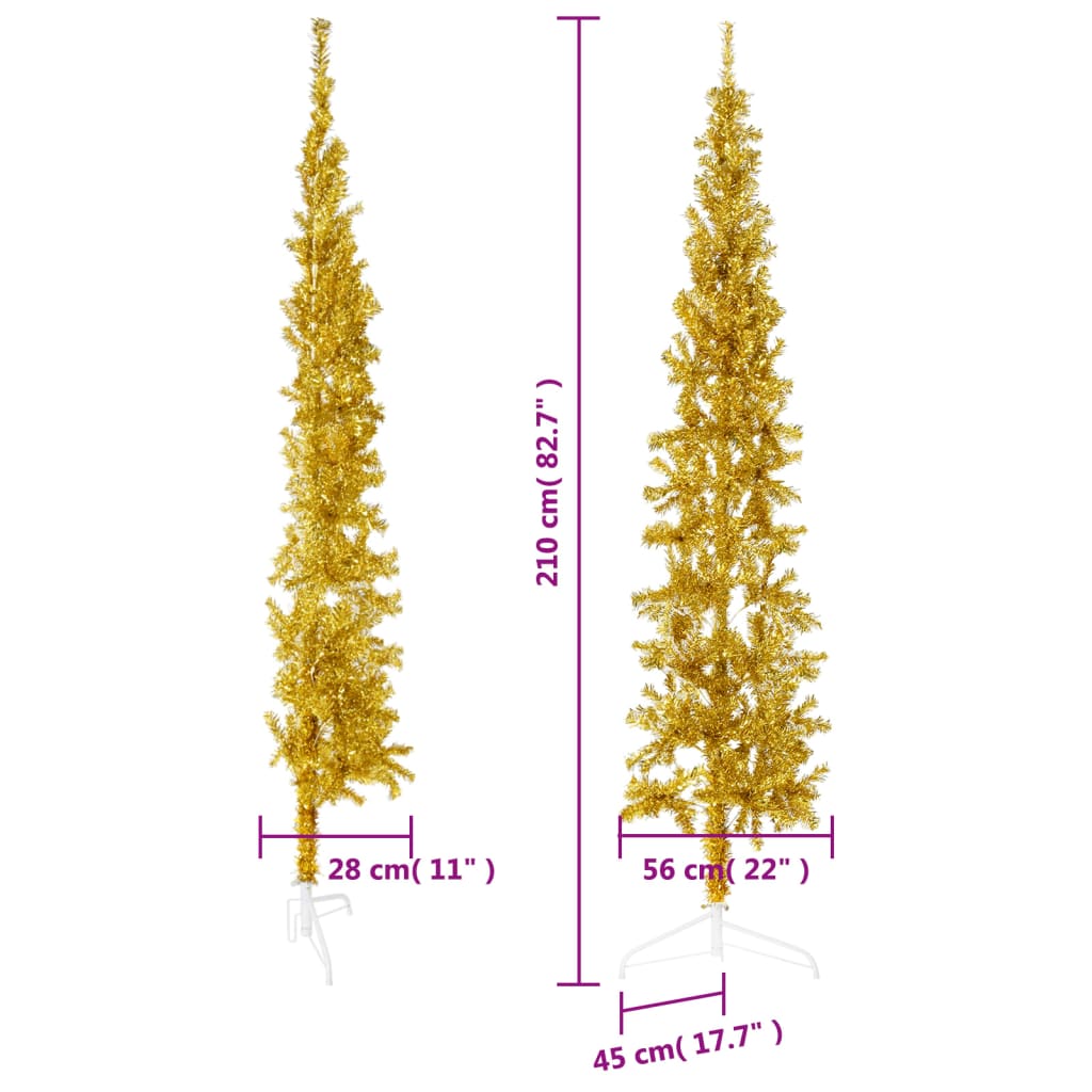 Kapea puolikas tekojoulukuusi jalustalla kulta 210 cm