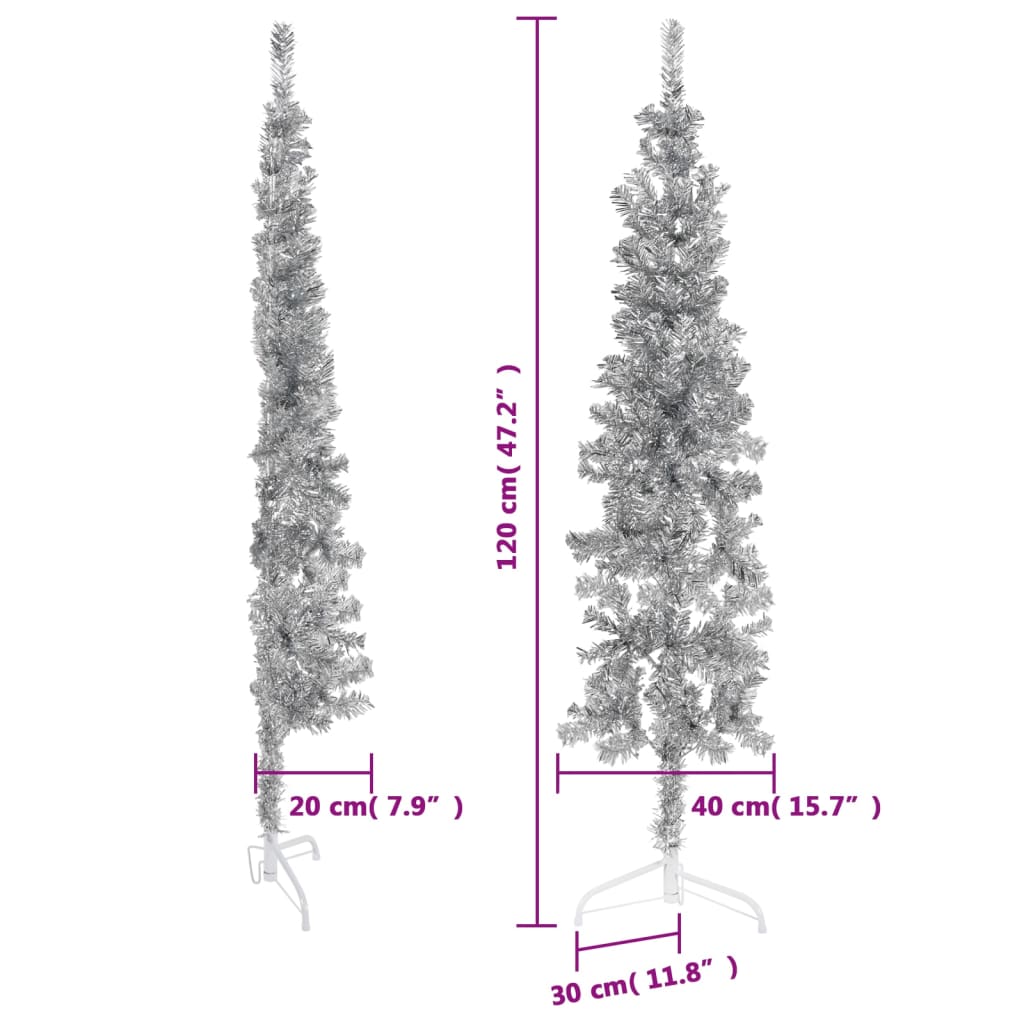 Kapea puolikas tekojoulukuusi jalustalla hopea 120 cm