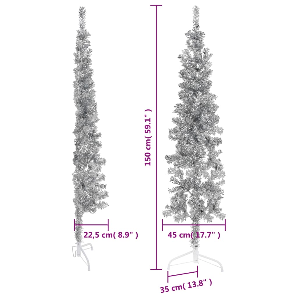 Kapea puolikas tekojoulukuusi jalustalla hopea 150 cm