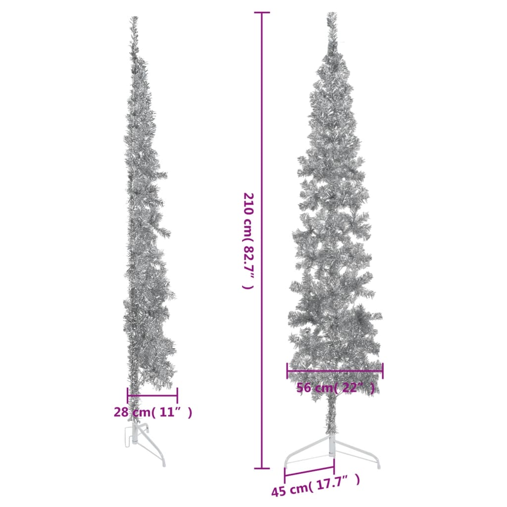 Kapea puolikas tekojoulukuusi jalustalla hopea 210 cm