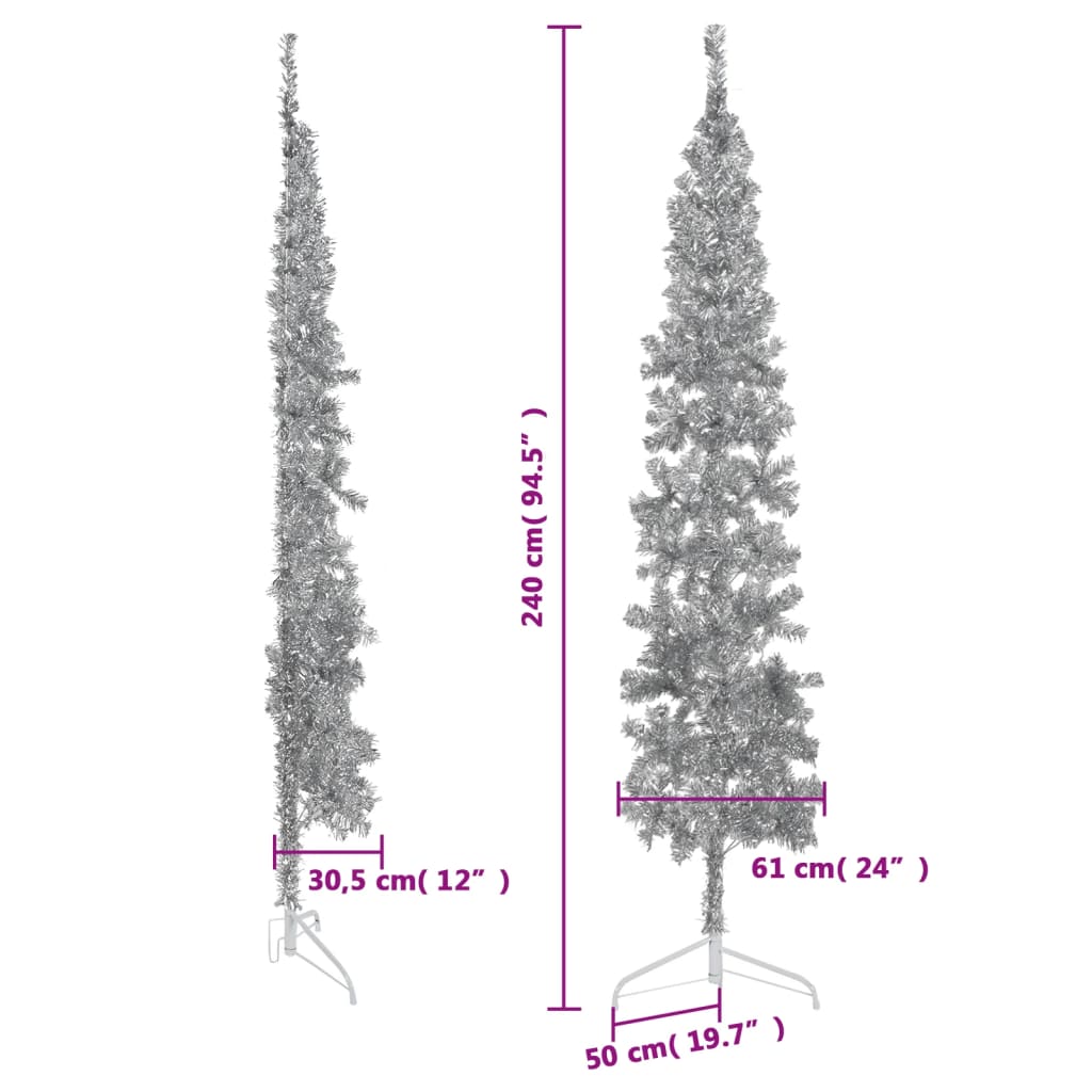 Kapea puolikas tekojoulukuusi jalustalla hopea 240 cm