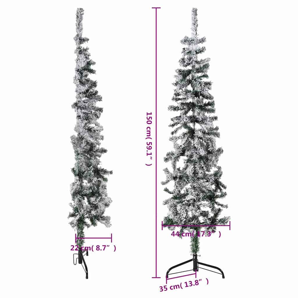 Kapea puolikas tekojoulukuusi lumihuurteella 150 cm