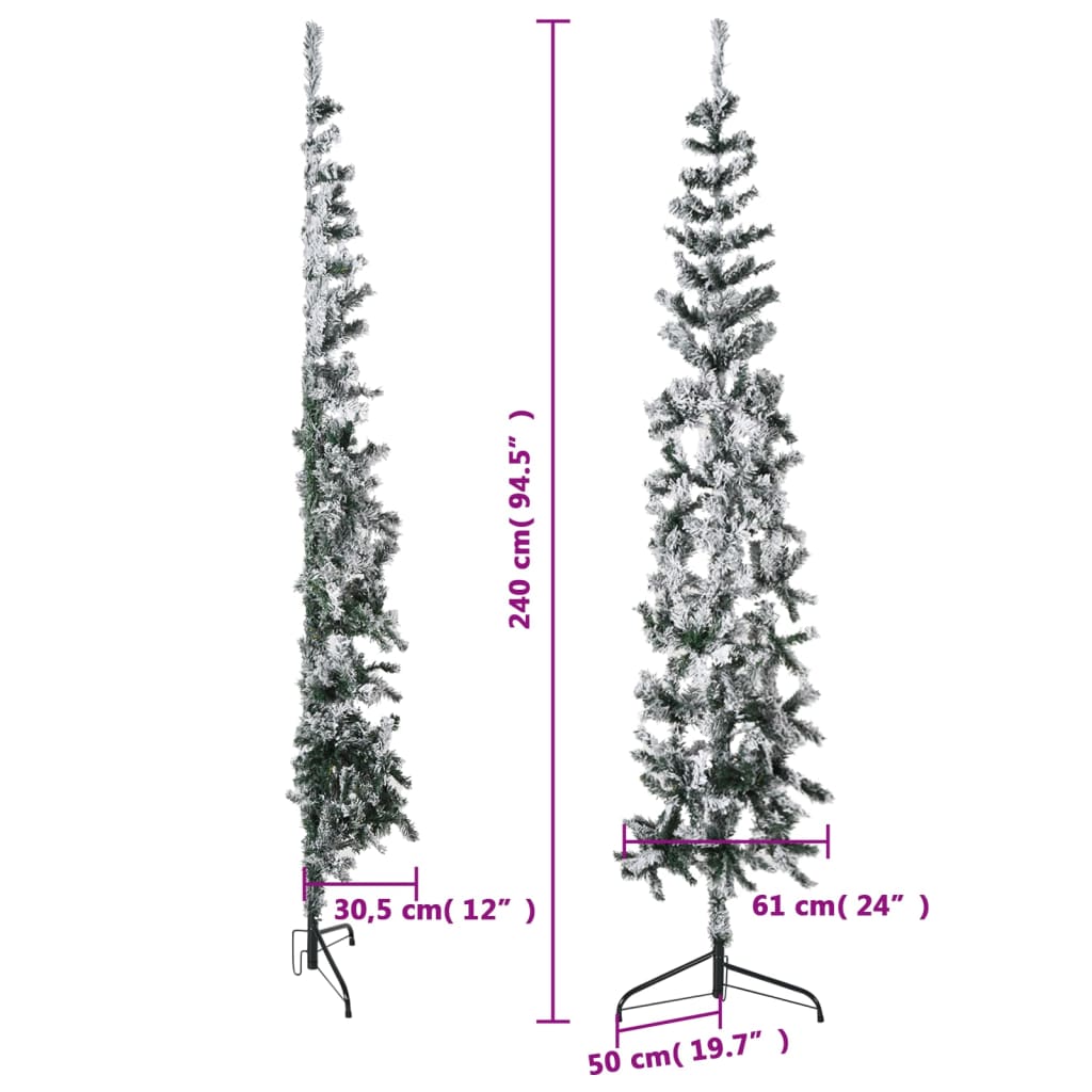 Kapea puolikas tekojoulukuusi lumihuurteella 240 cm