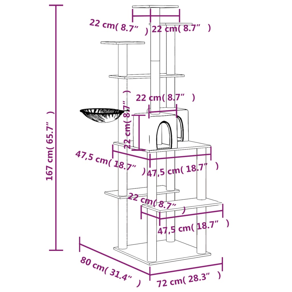 Kissan kiipeilypuu sisal- raapimispylväillä kerma 167 cm