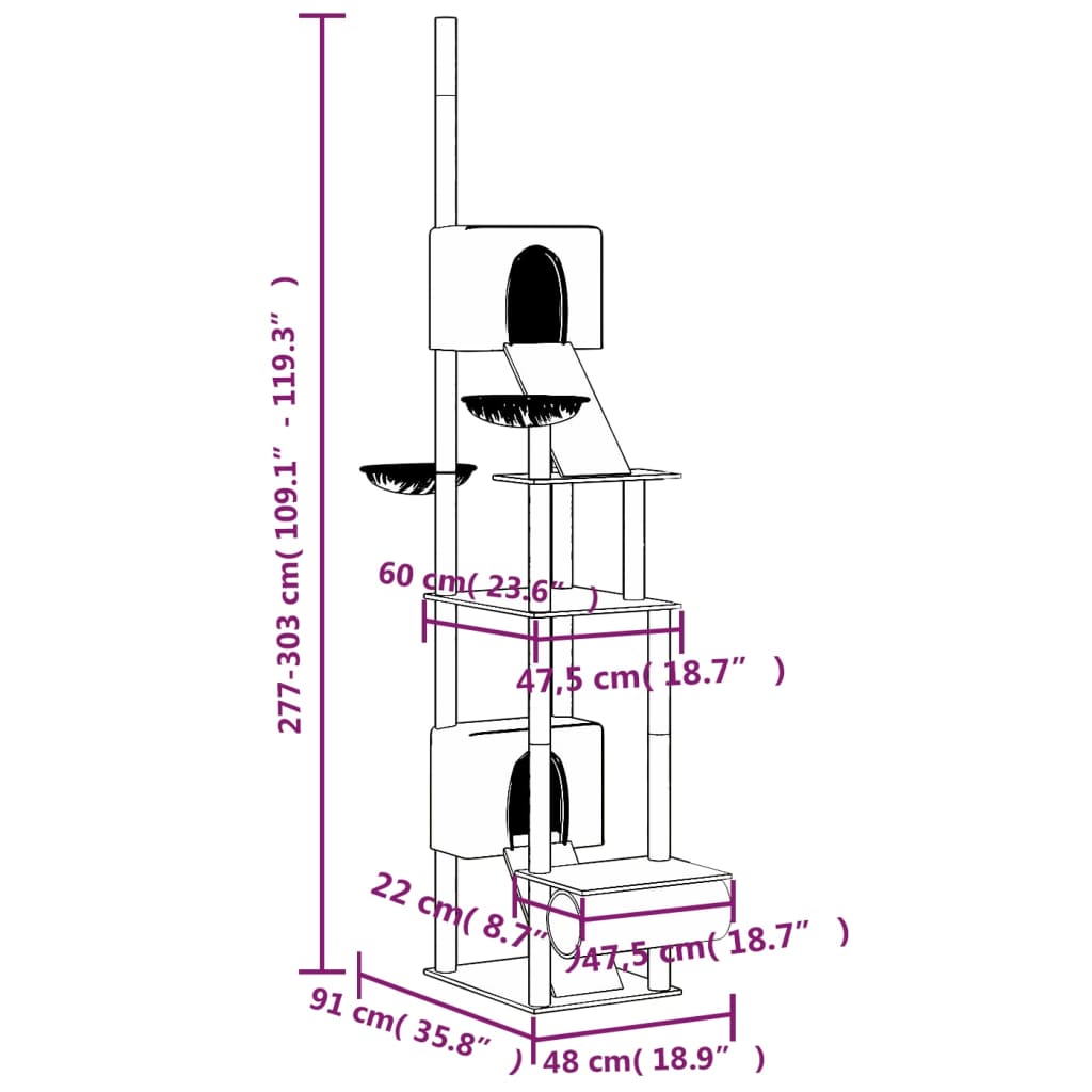 Kattoon asti yltävä kissan kiipeilypuu harmaa 277-303 cm