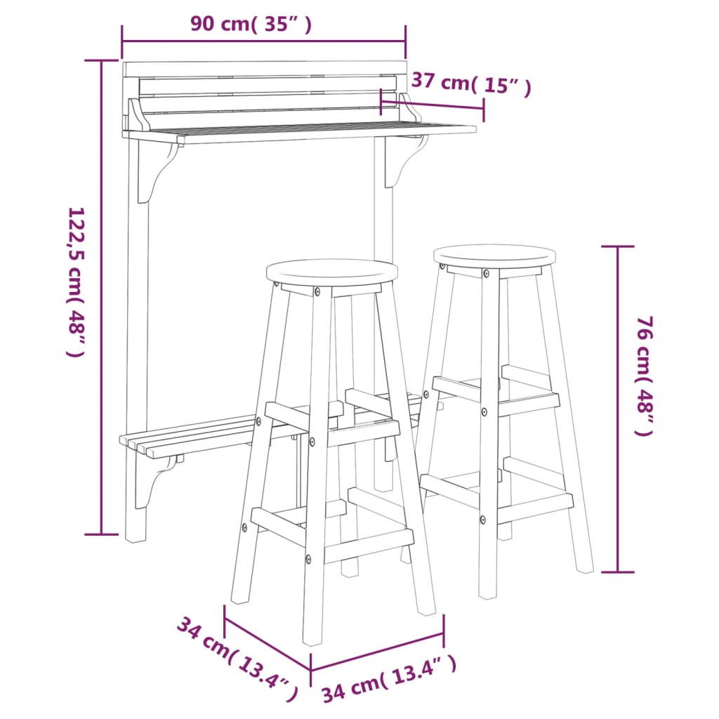 3-piece bar set for the balcony, solid acacia wood