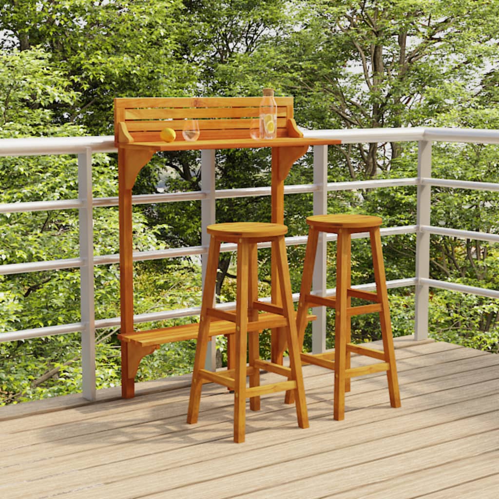 3-piece bar set for the balcony, solid acacia wood