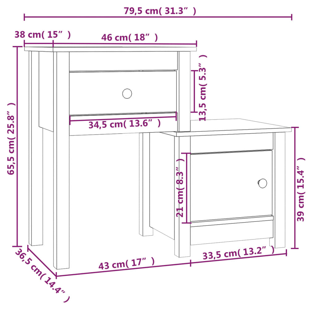 Yöpöydät 2 kpl valkoinen 79,5x38x65,5 cm täysi mänty