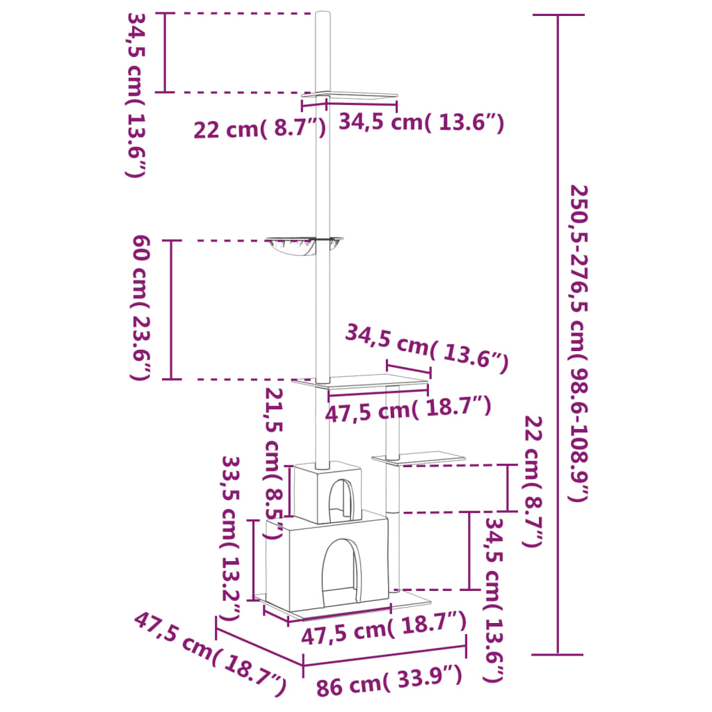 Kattoon asti yltävä kissan kiipeilypuu kerma 250,5-276,5 cm