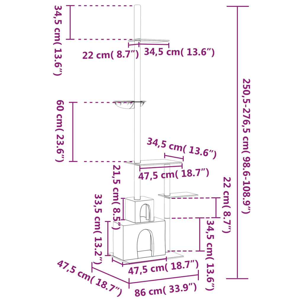 Kattoon asti yltävä kissan kiipeilypuu t.harmaa 250,5-276,5 cm