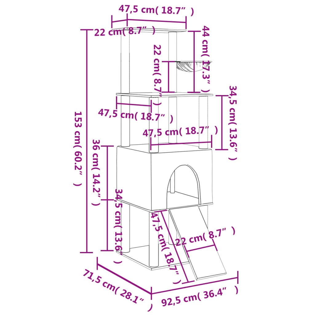 Kissan kiipeilypuu sisal- raapimispylväillä kerma 153 cm