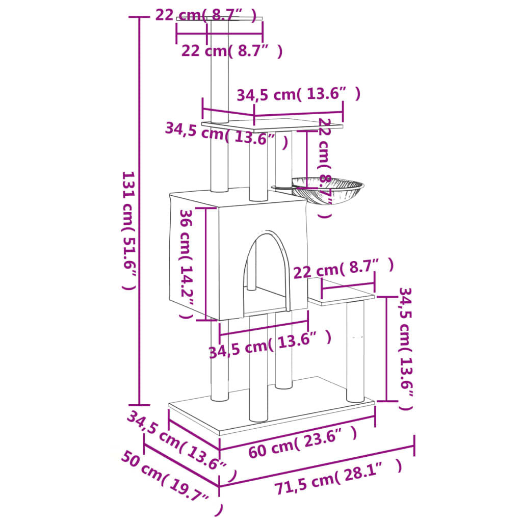 Kissan kiipeilypuu sisal- raapimispylväillä vaaleanharm. 131 cm