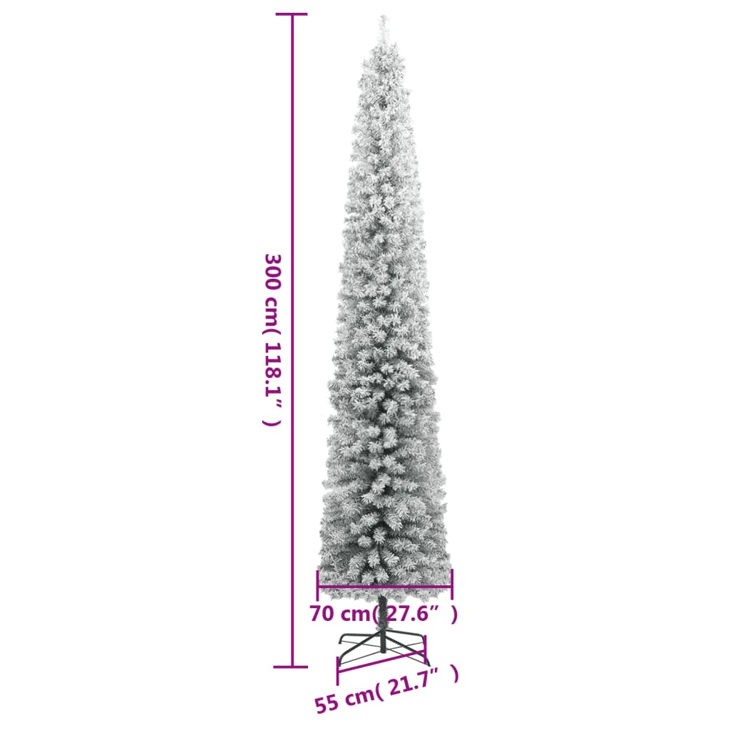 Ohut tekojoulukuusi jalustalla ja lumihuurteella 300 cm PVC