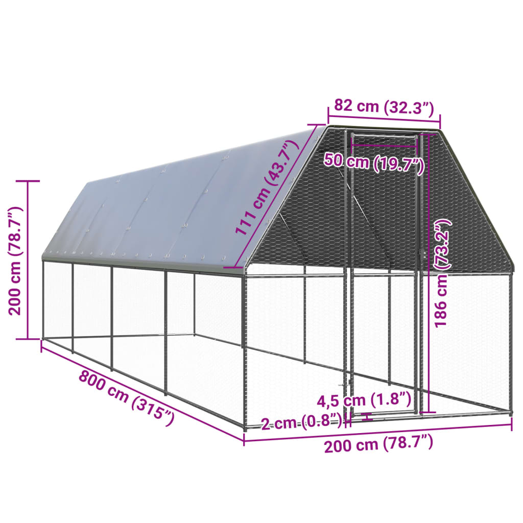 Ulkotilan kanahäkki 2x8x2 m galvanoitu teräs