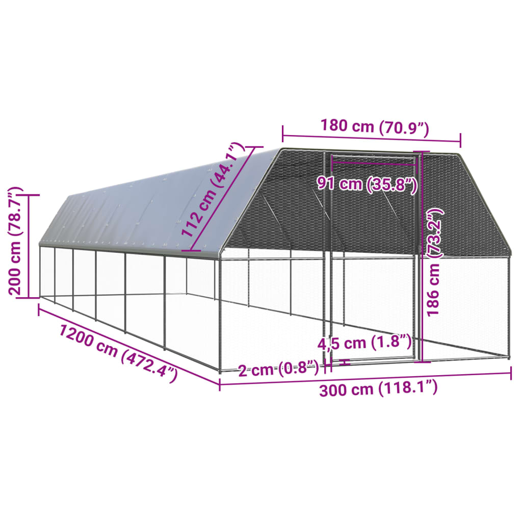 Ulkotilan kanahäkki 3x12x2 m galvanoitu teräs