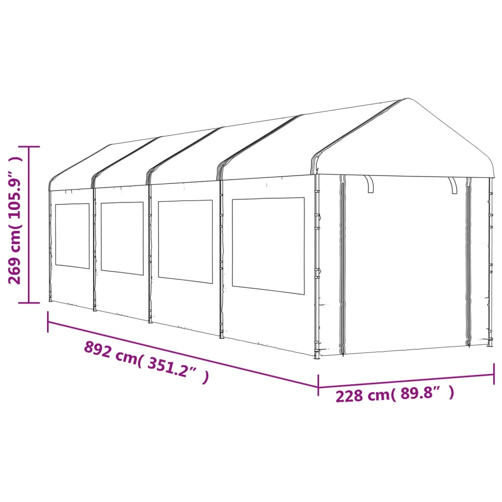 Huvimaja katolla valkoinen 8,92x2,28x2,69 m polyeteeni