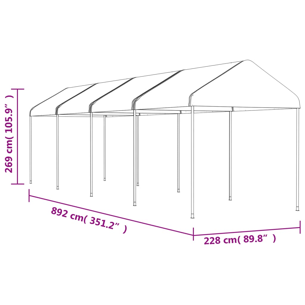 Huvimaja katolla valkoinen 8,92x2,28x2,69 m polyeteeni