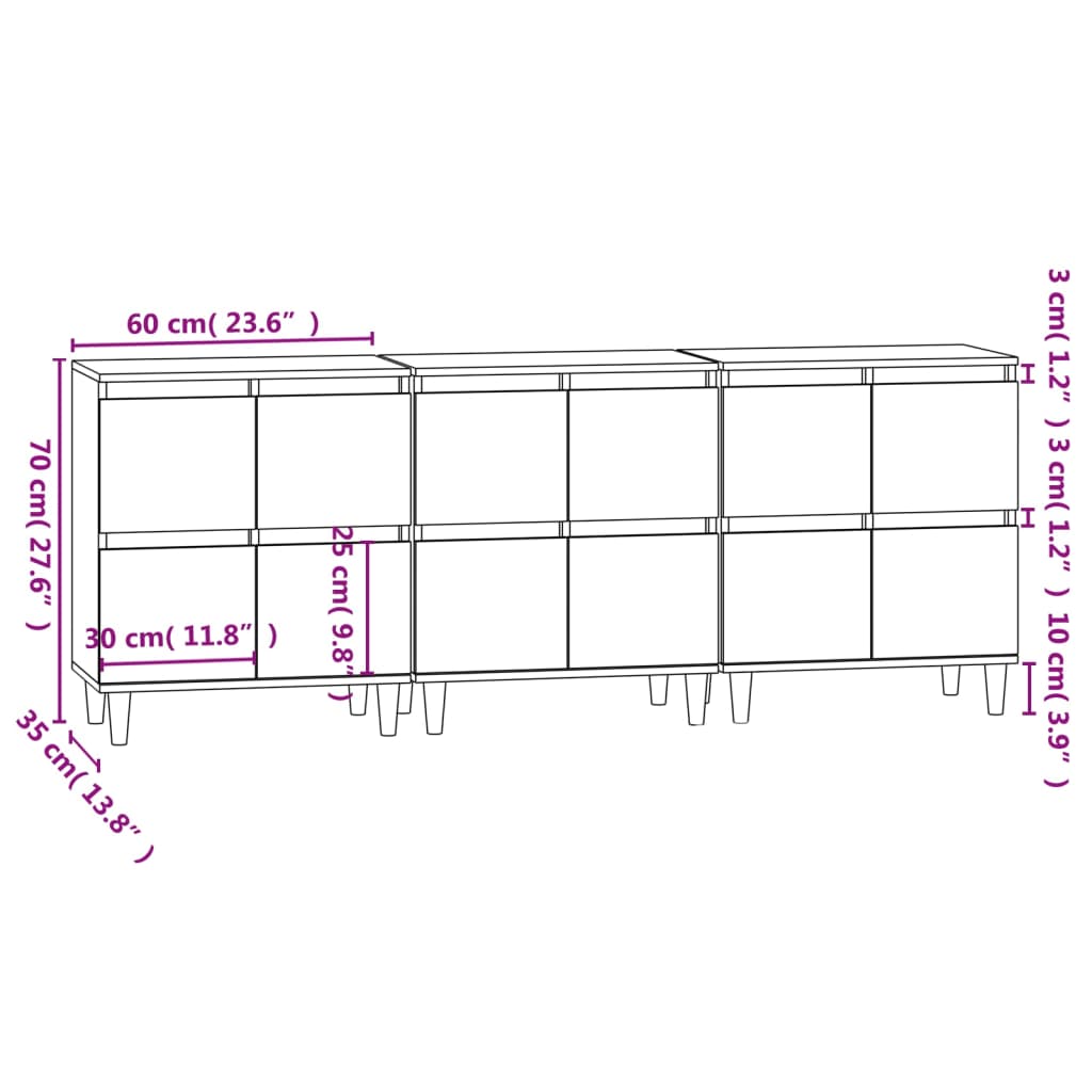 Senkit 3 kpl harmaa Sonoma 60x35x70 cm tekninen puu