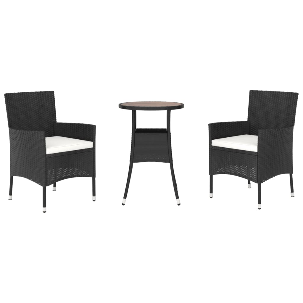 3-teiliges Outdoor-Bistro-Set mit Kissen, schwarzes Polyrattan