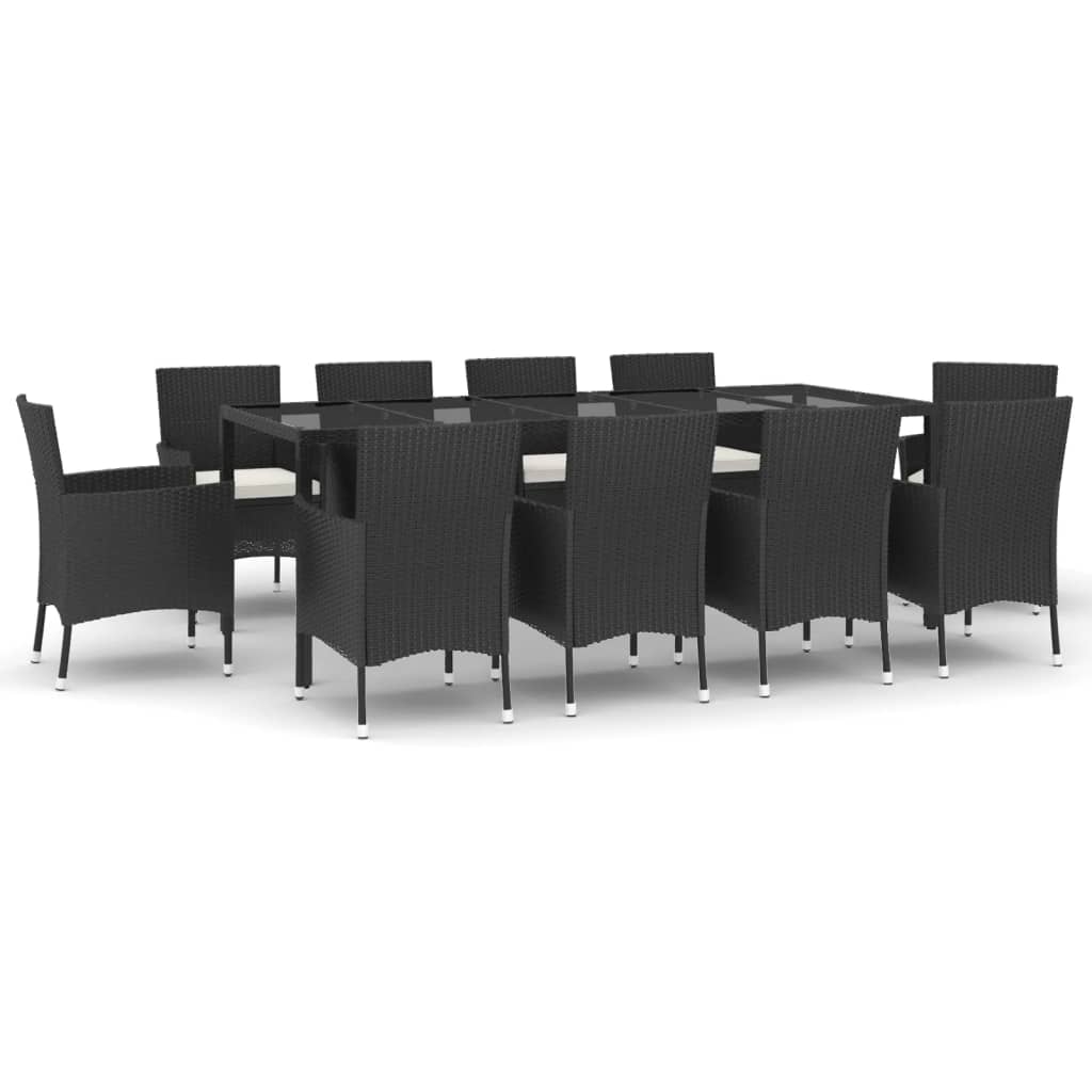 11-piece outdoor dining set with cushions, black polyrattan