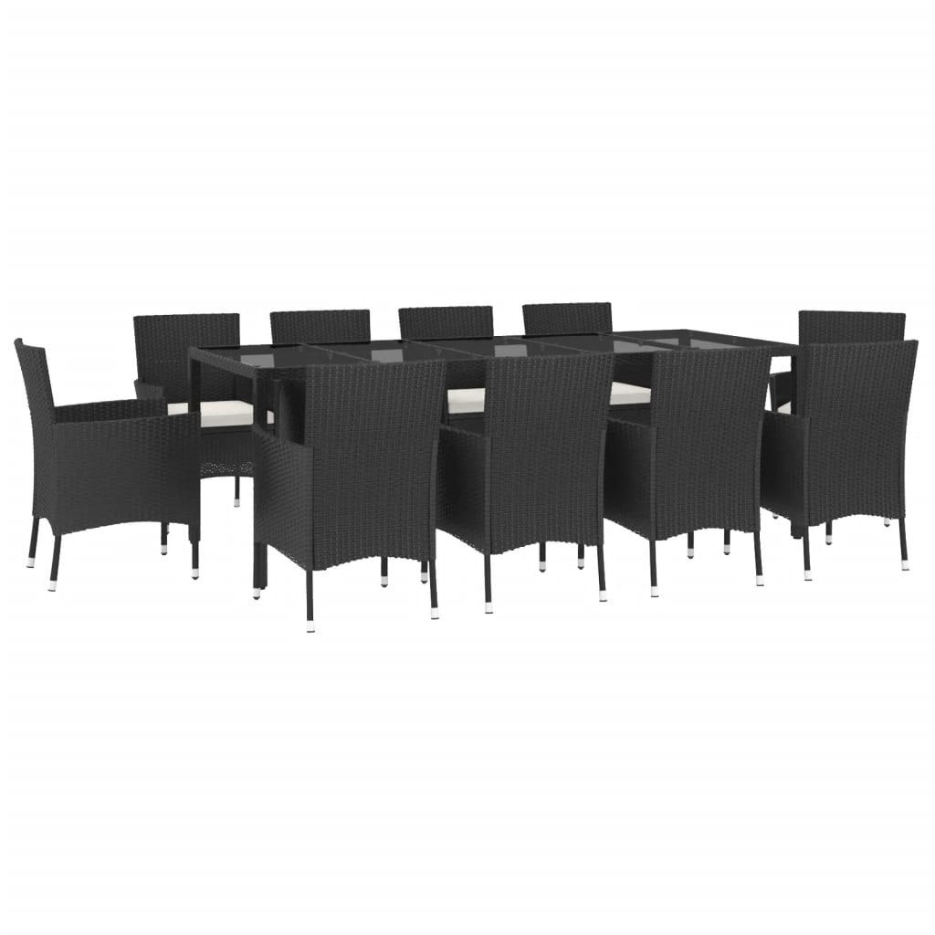 11-piece outdoor dining set with cushions, black polyrattan